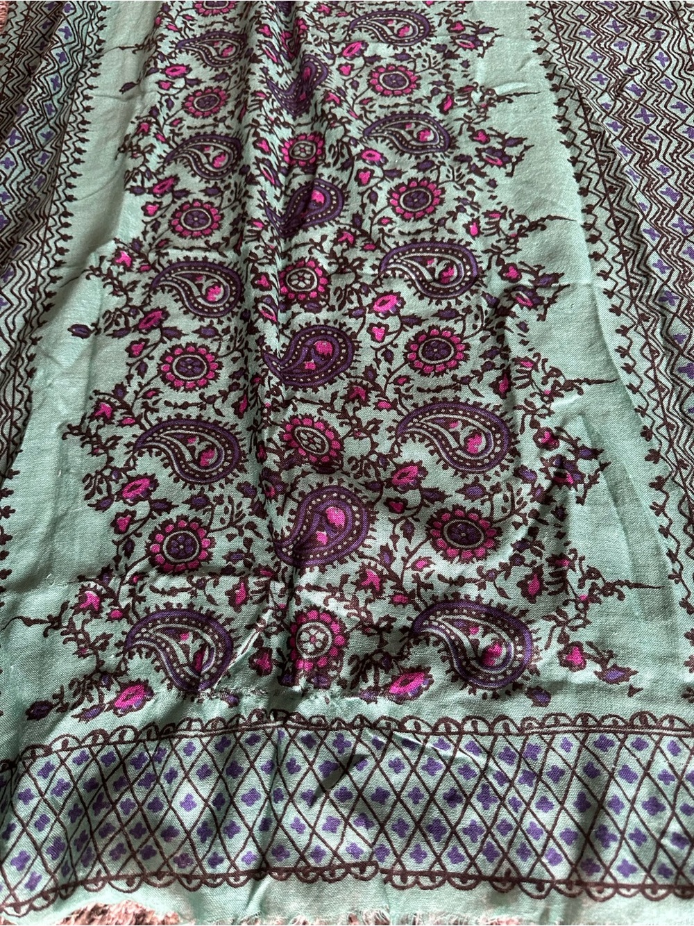 J. Crew Green Paisley Scarf with Pink Accents